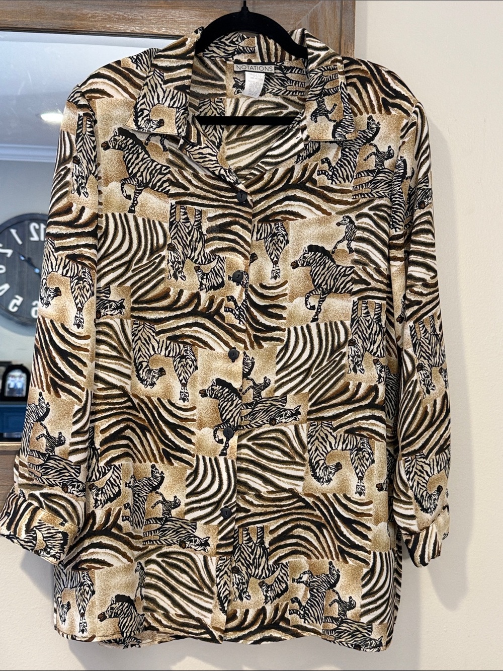 Vintage Notations Zebra & Striped Print Button-Front Blouse in Beige and Black